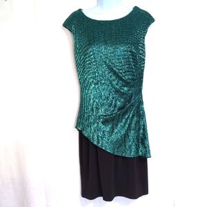 Enfocus Studio Metallic Teal Ruched Overlay Dress Wide Neck Size 10